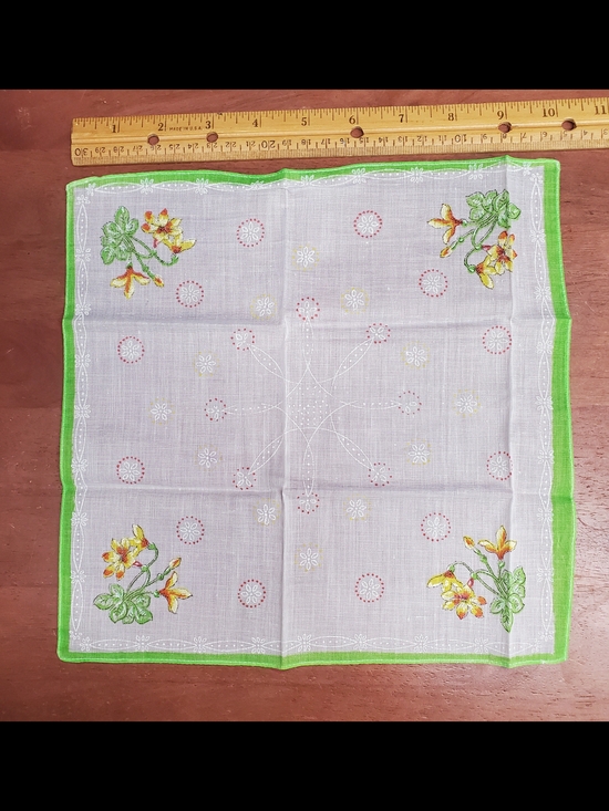 Accessories - Vintage Floral Handkerchief with Green Border and Yellow Flowers